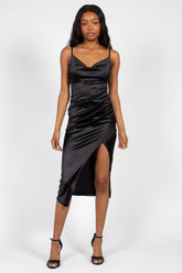 Amaya Side Slit Satin Midi Dress