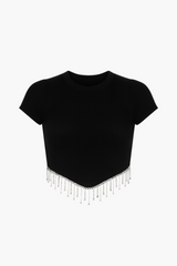 Alessia Rhinestone Fringe Ribbed Knit Crop Top