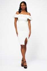 Coralie Off The Shoulder Ruffle Trim Midi Dress