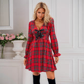 Bow deep V-neck lantern sleeve A-shaped skirt waist plaid dress