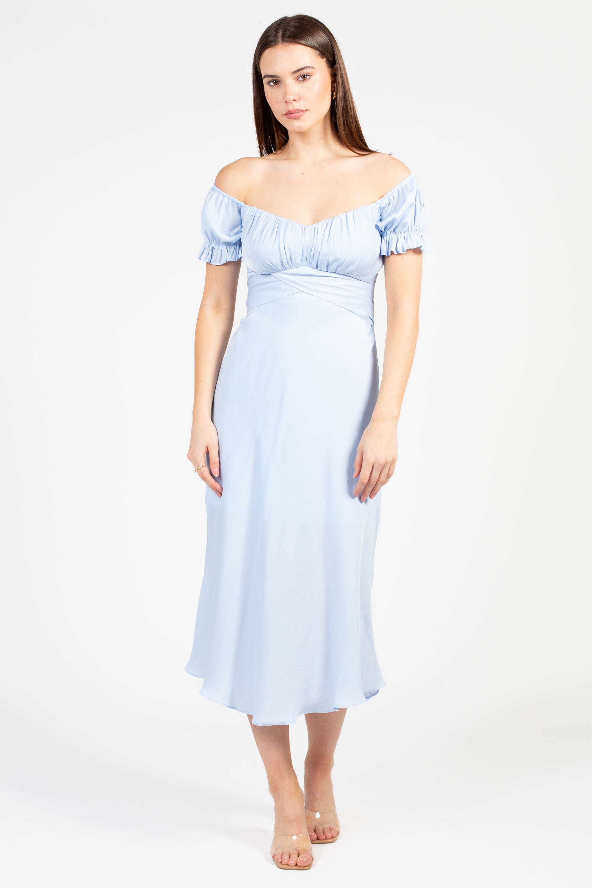 Cindy Satin Off-The-Shoulder Midi Dress