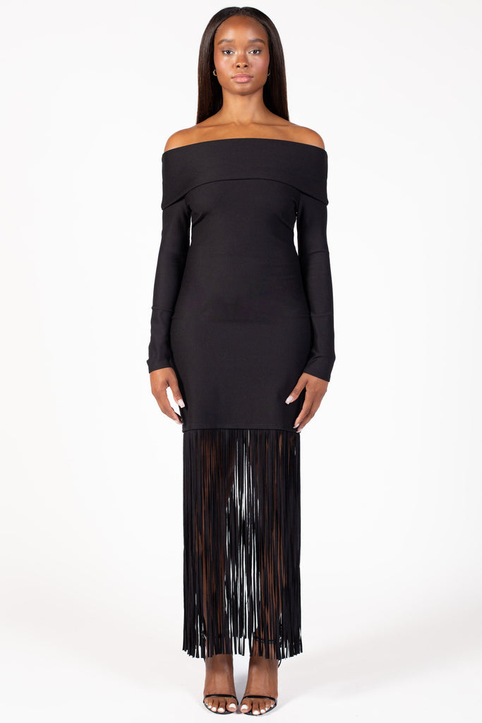fringe midi dress with sleeves Women's Satin Fringe Hem Wrap Waist Midi Dress, Black