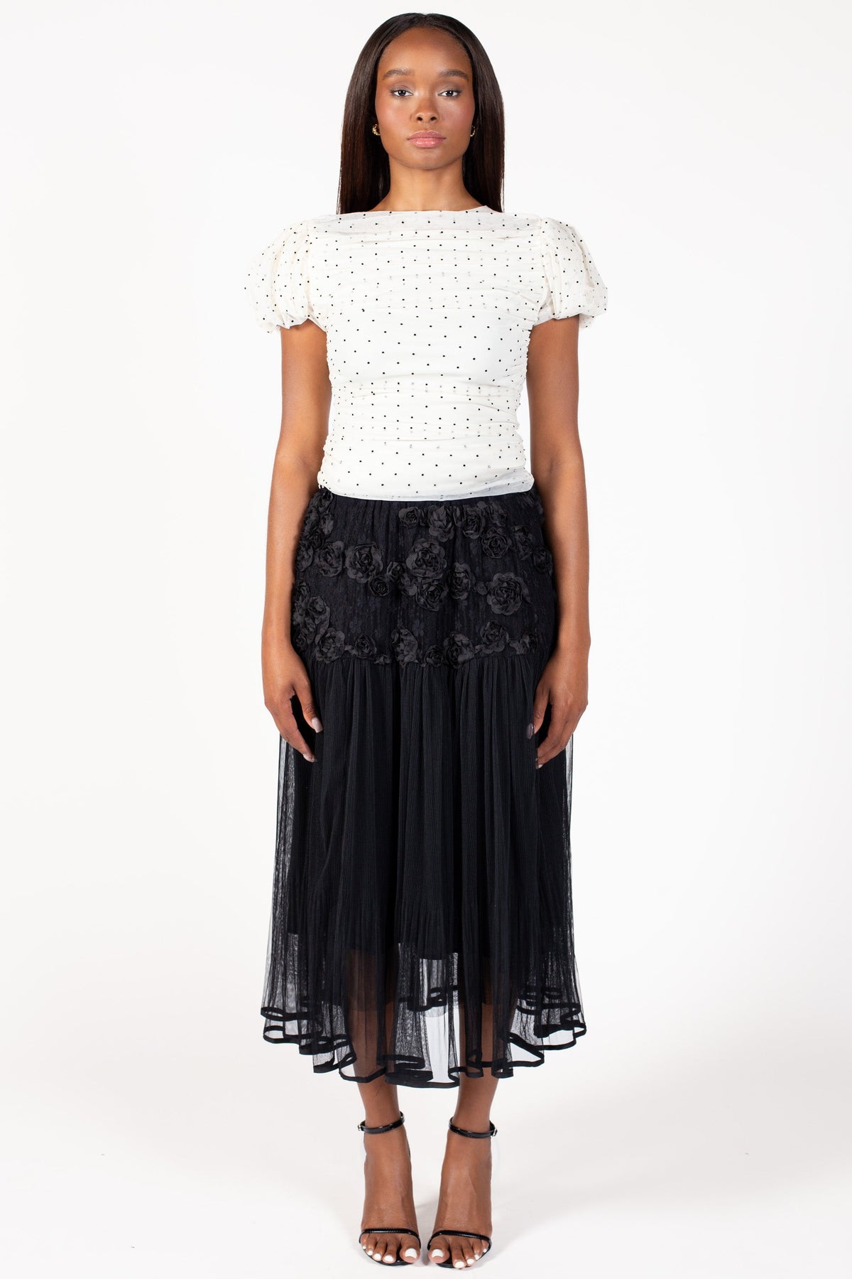 Arlo Floral Embellished Tulle Midi Skirt