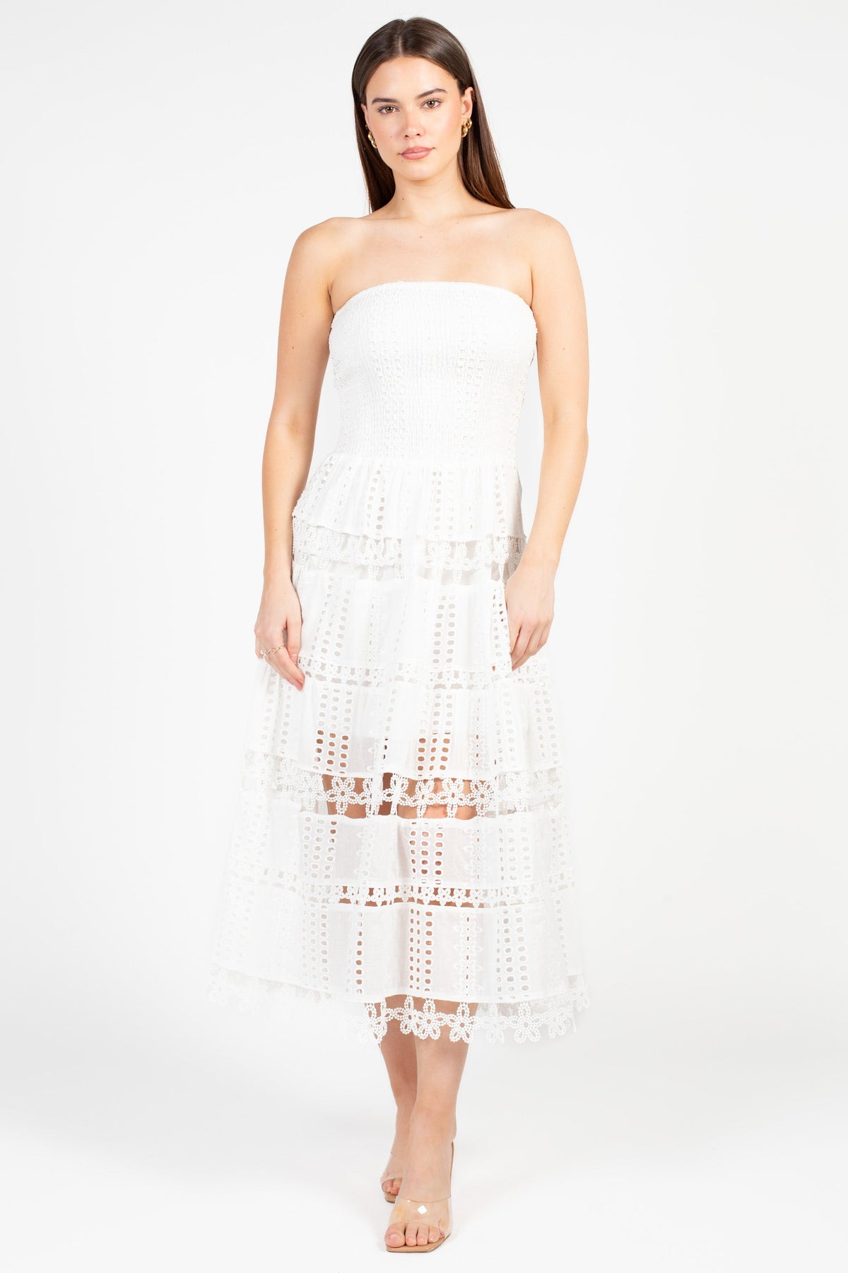 Mia Strapless Eyelet Midi Dress