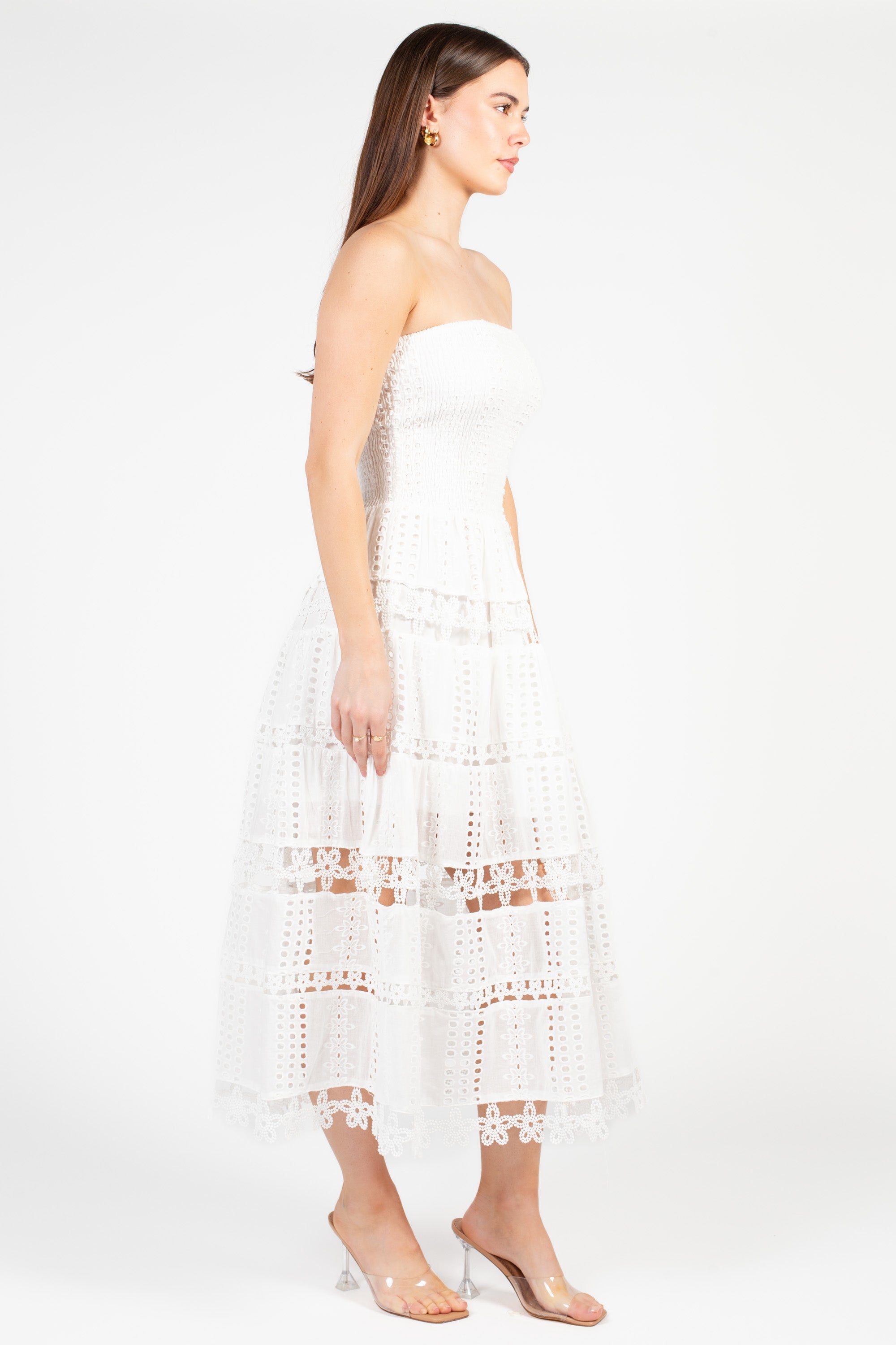 Mia Strapless Eyelet Midi Dress
