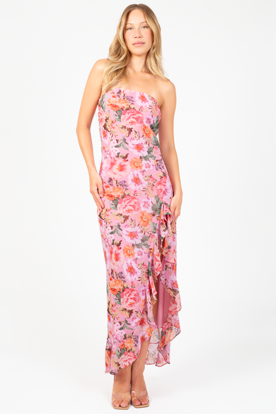 Rhea Strapless Floral Ruffle Maxi Dress