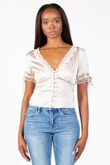 Opaline Lace Trim Satin Blouse