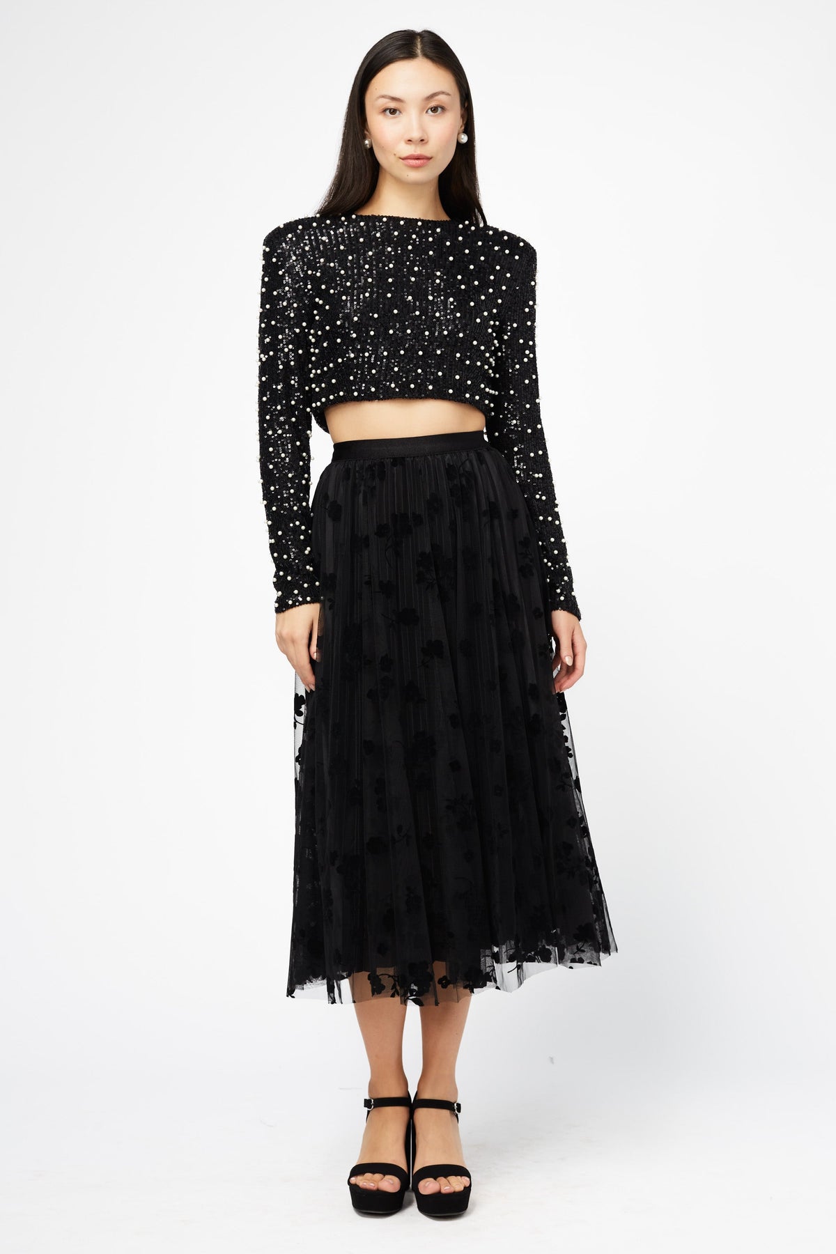 Hayden Floral Mesh Pleated Midi Skirt