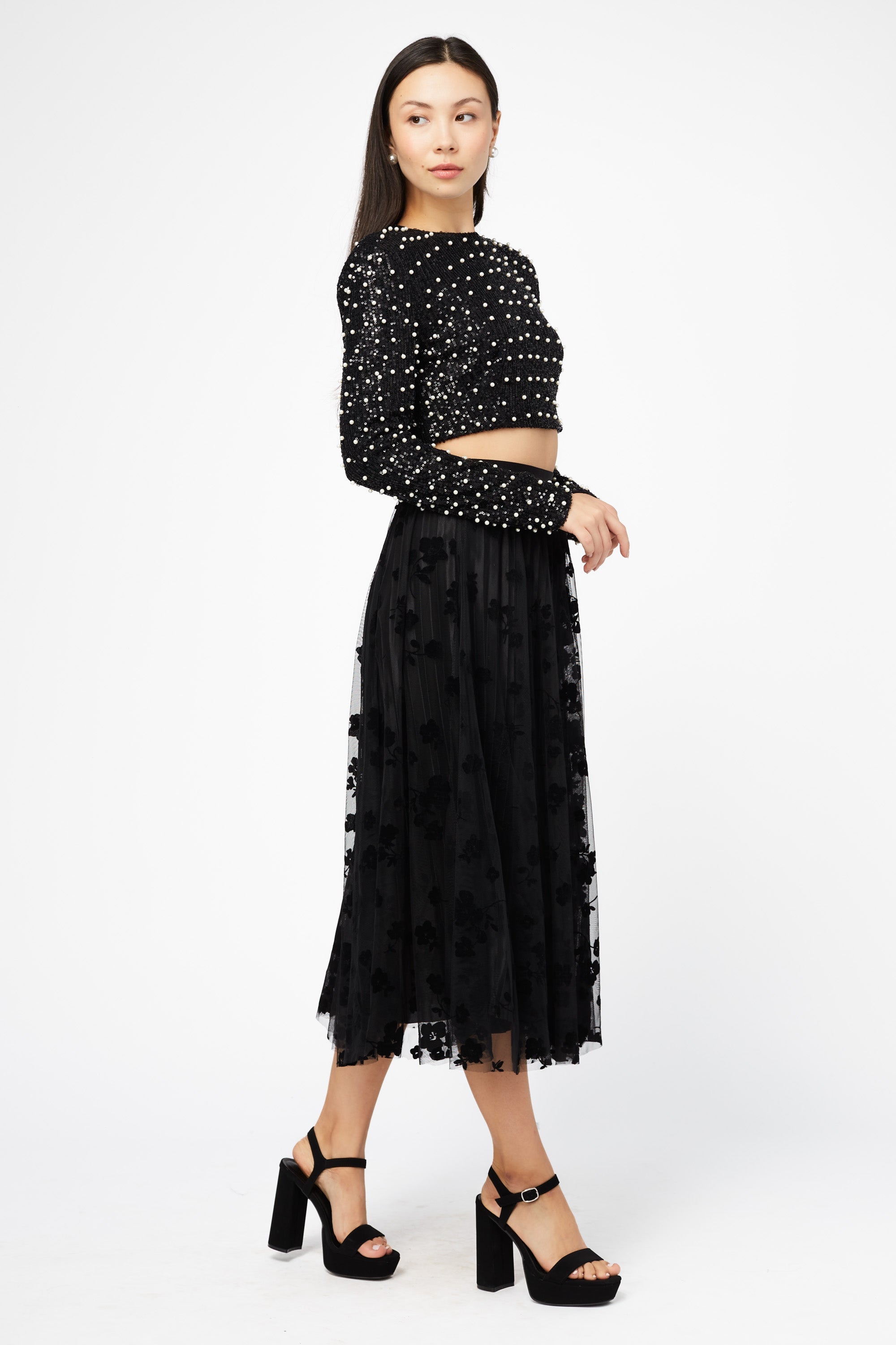 Hayden Floral Mesh Pleated Midi Skirt
