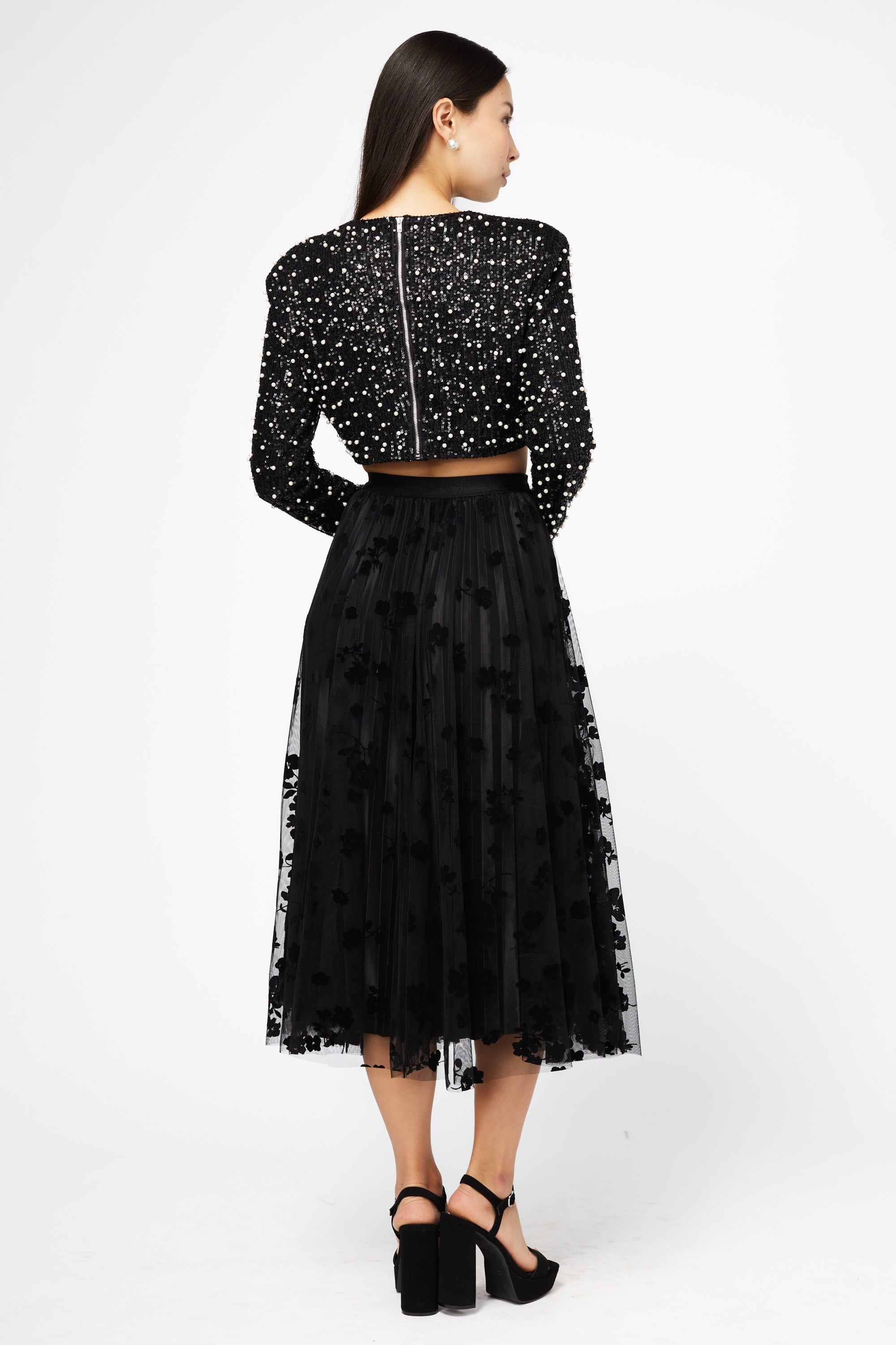 Hayden Floral Mesh Pleated Midi Skirt