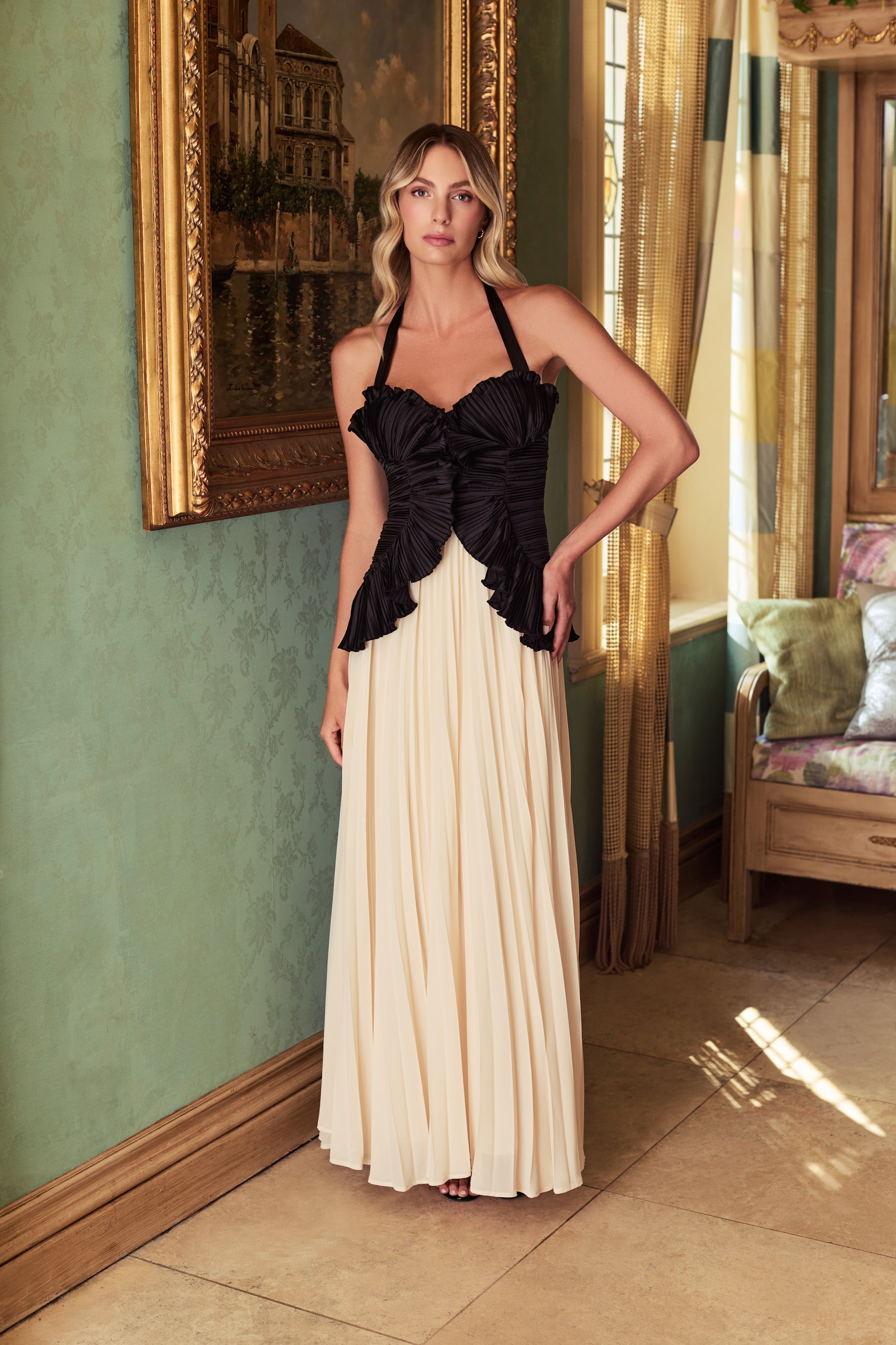 Cosette Halter Ruffle Pleated Maxi Dress