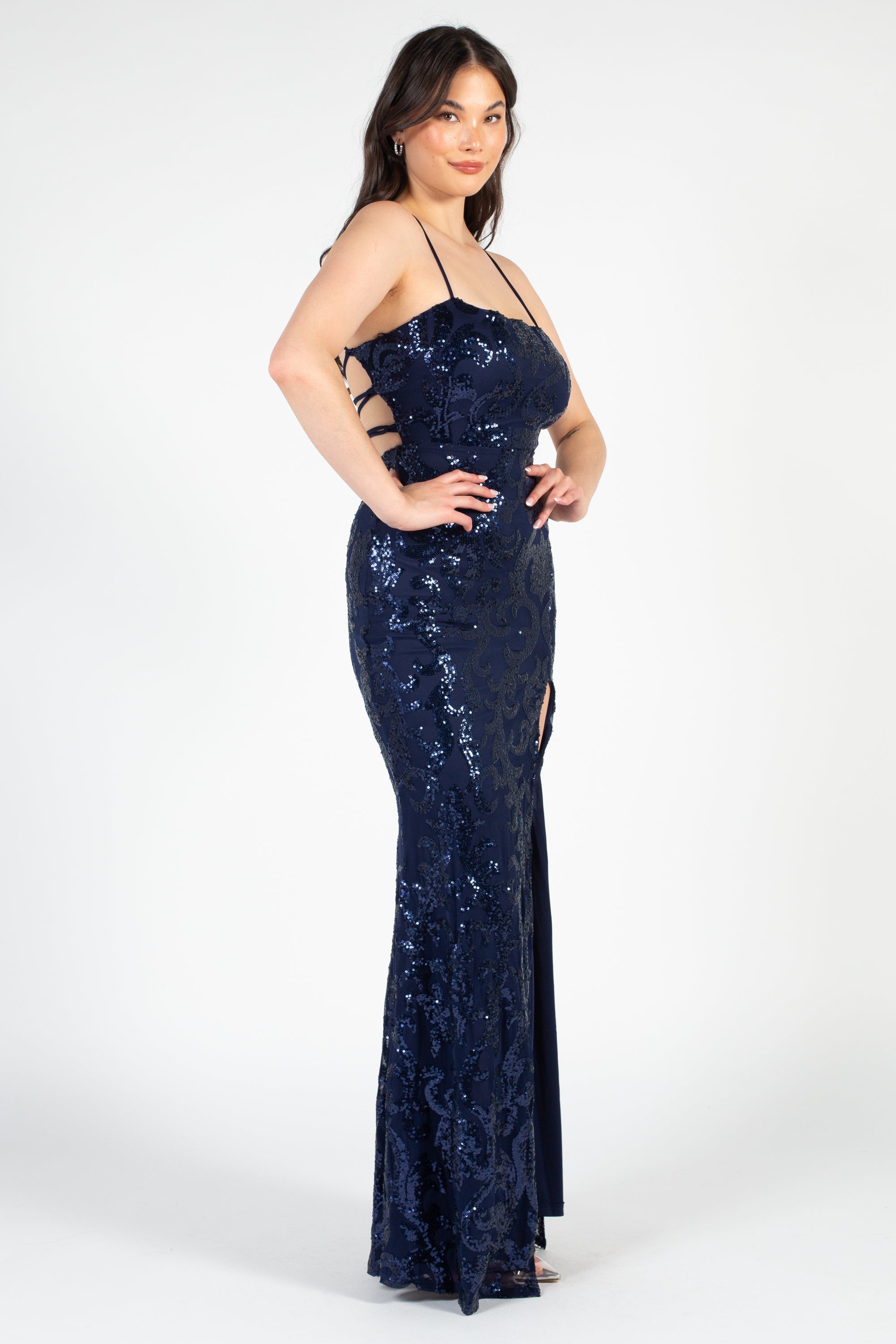 Ariel Strappy High Slit Sequin Gown