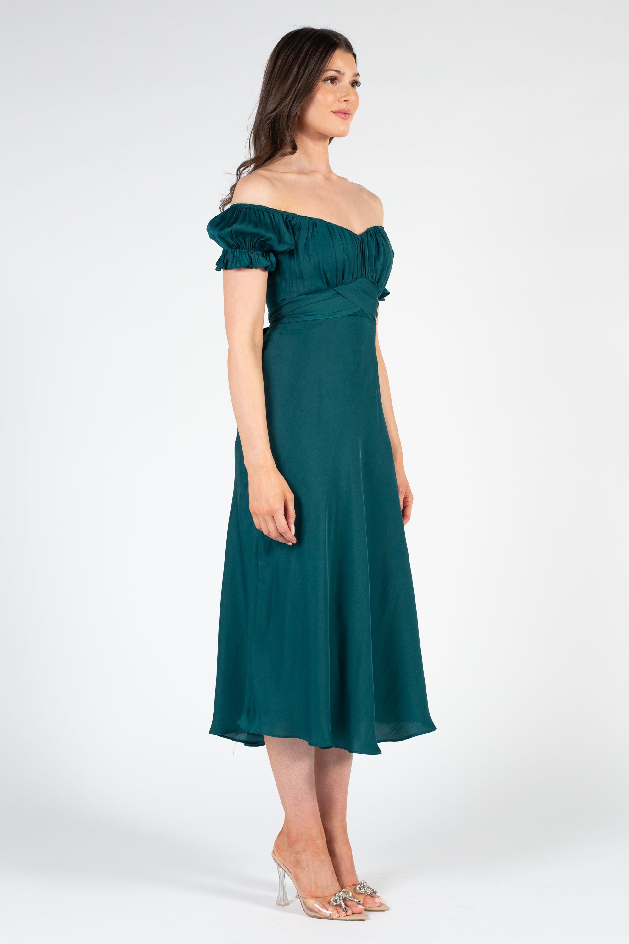 Cindy Satin Off-The-Shoulder Midi Dress