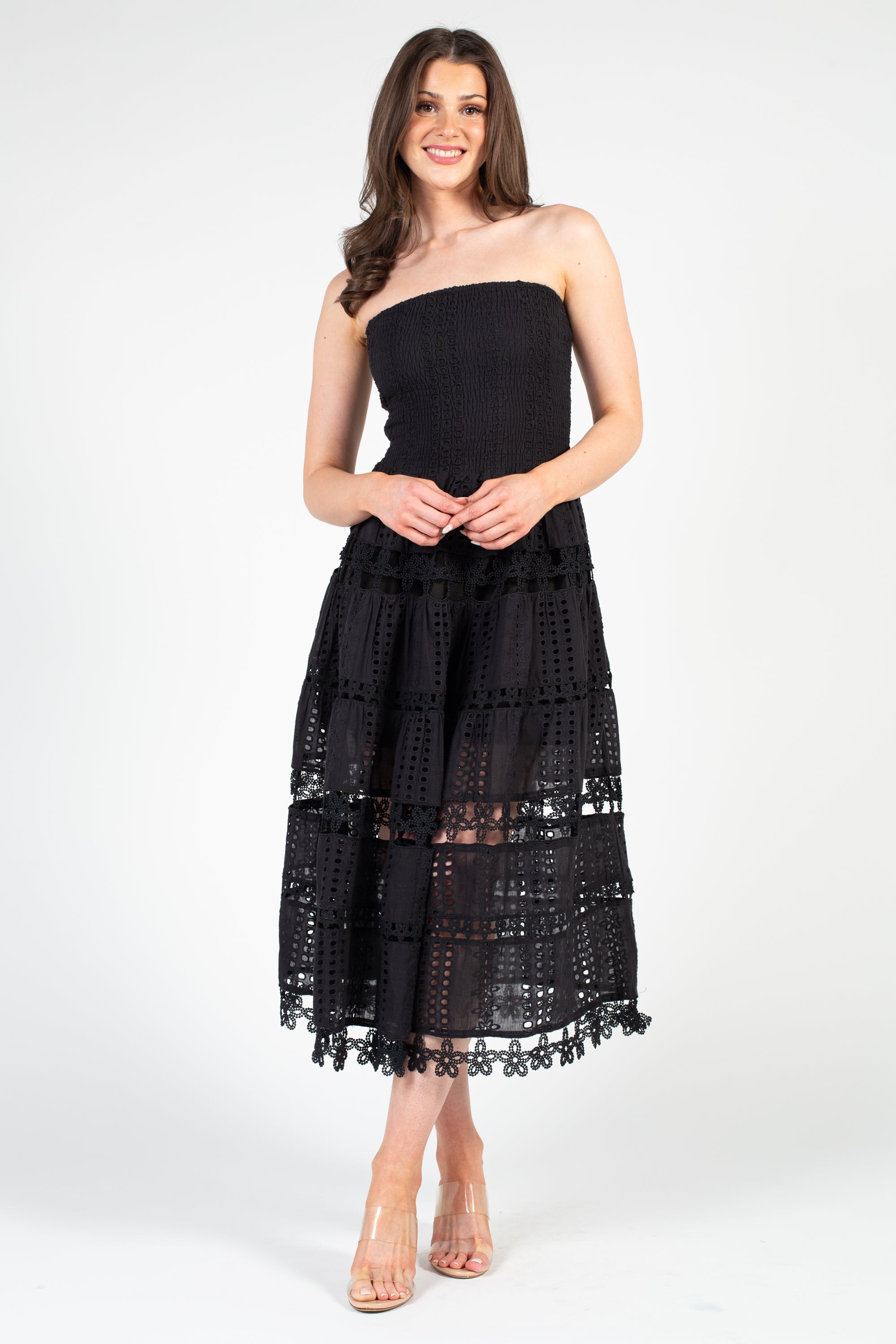 Mia Strapless Eyelet Midi Dress