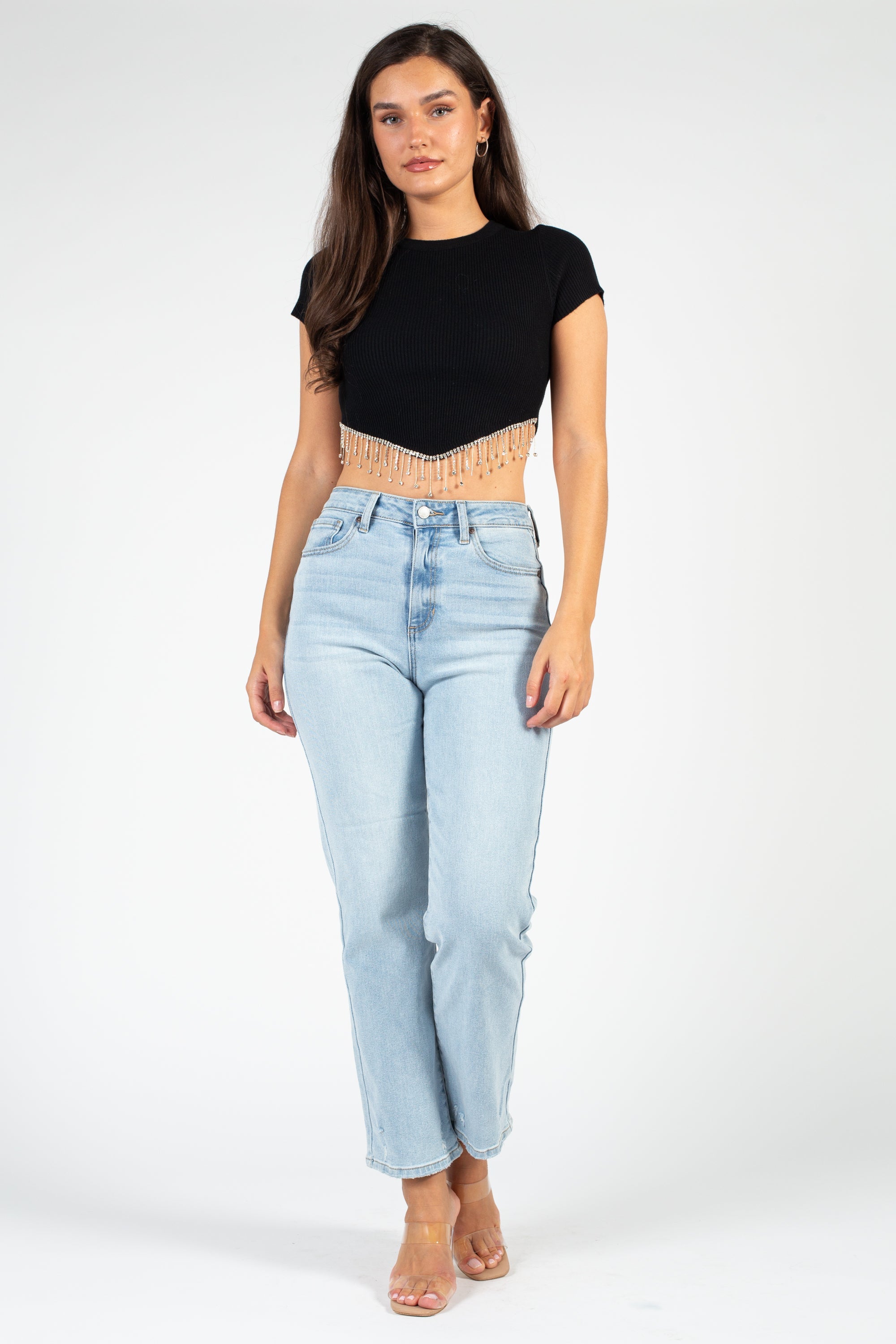 Alessia Rhinestone Fringe Ribbed Knit Crop Top