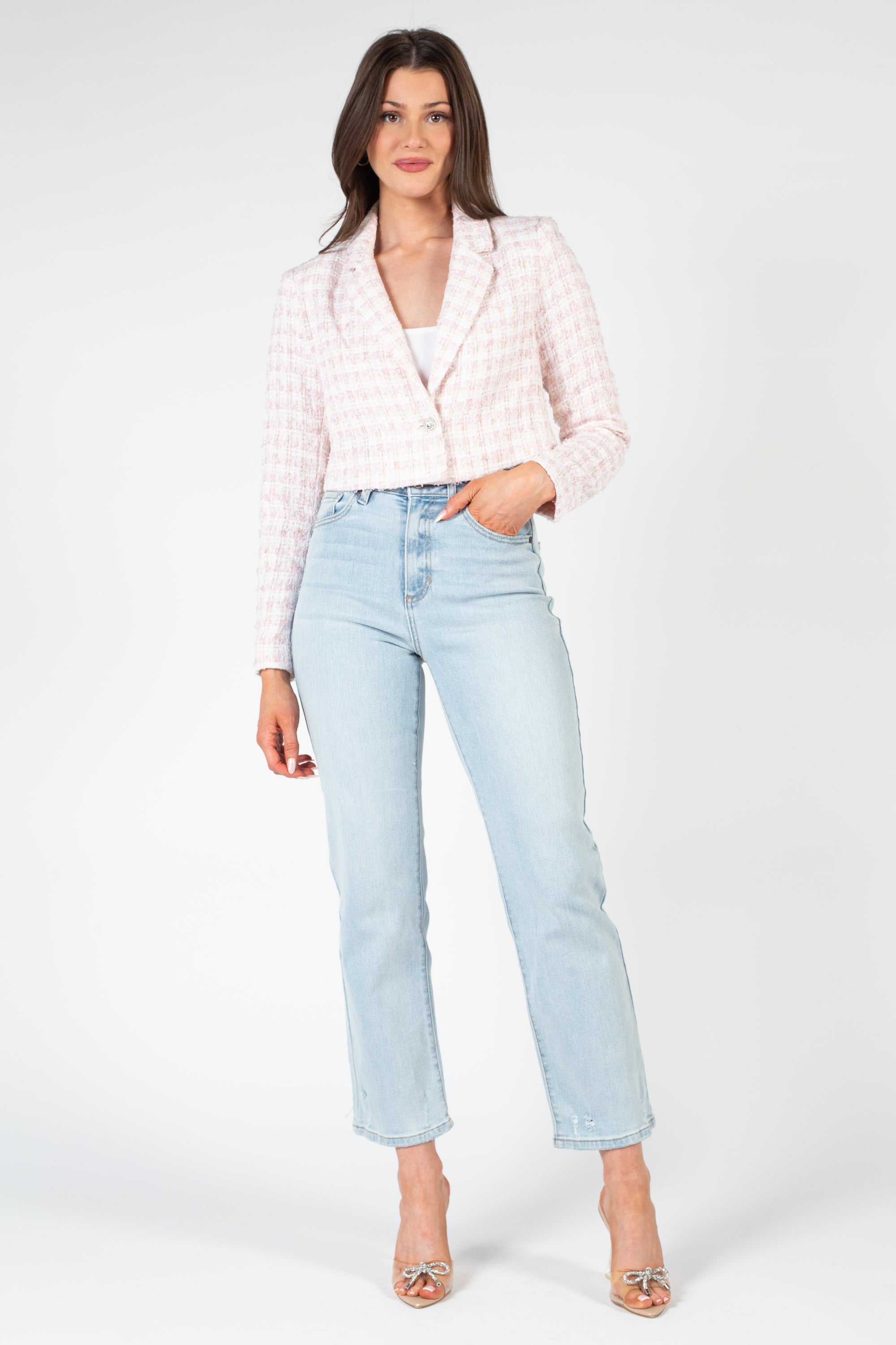 Althea Jewel Button Tweed Crop Blazer
