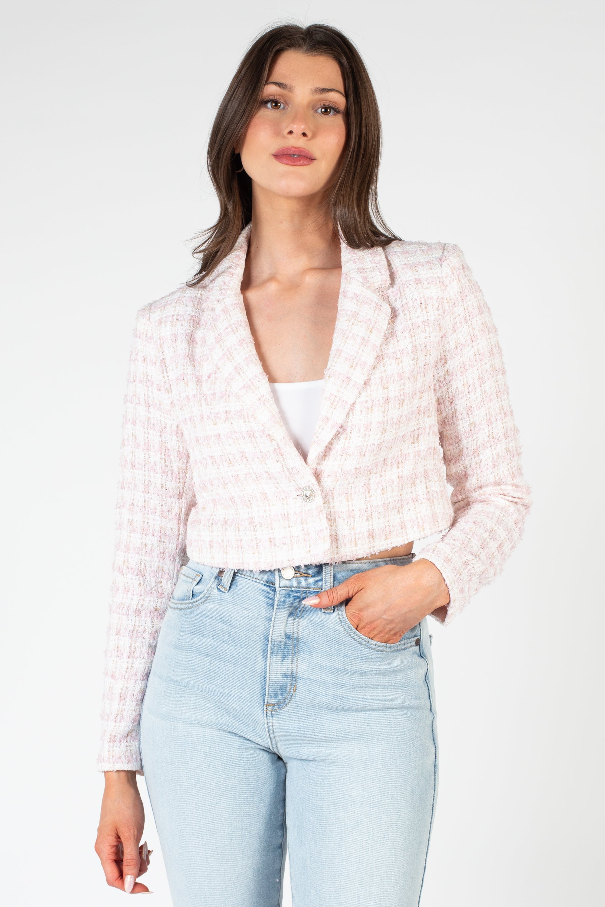 Althea Jewel Button Tweed Crop Blazer