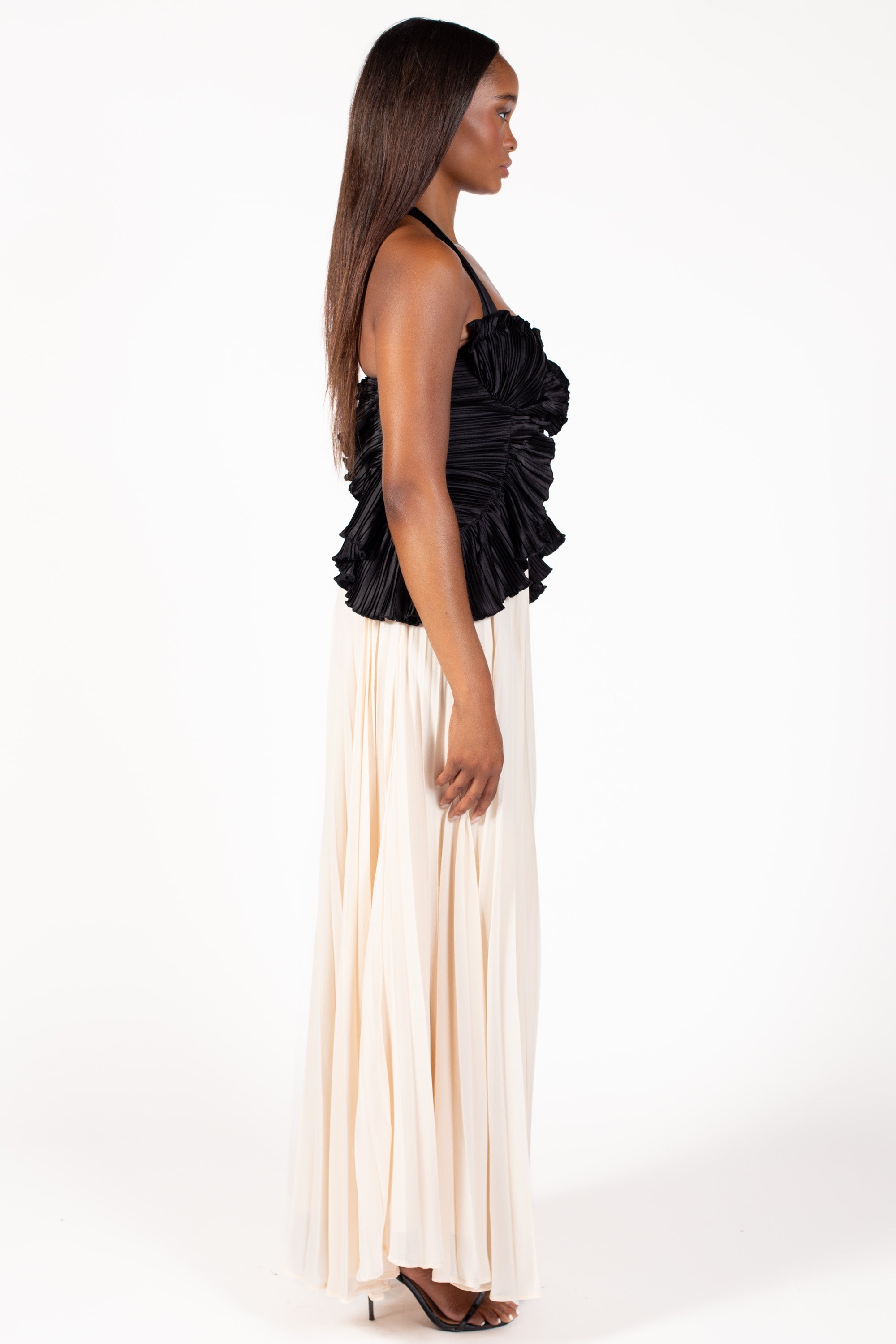 Cosette Halter Ruffle Pleated Maxi Dress