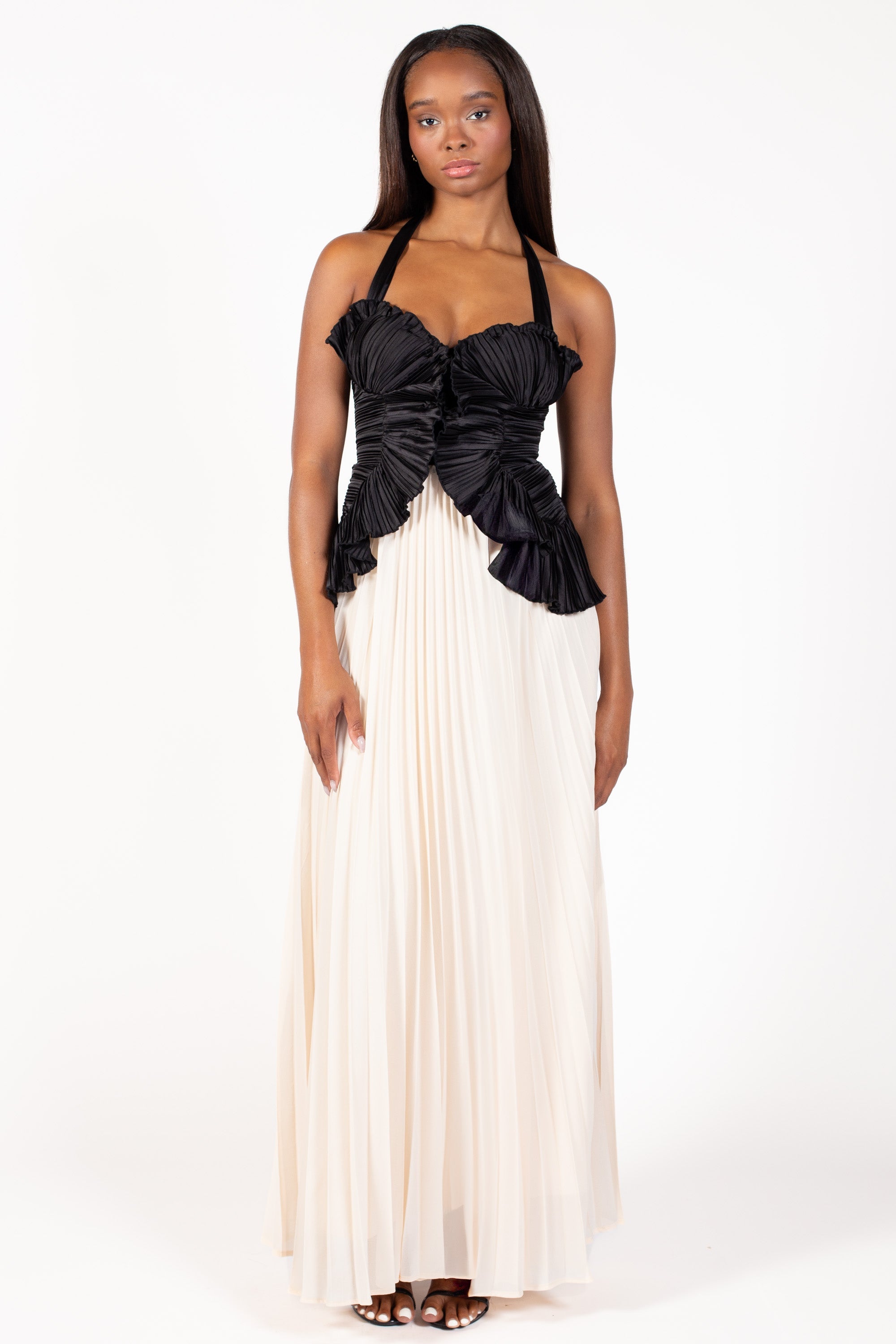 Cosette Halter Ruffle Pleated Maxi Dress