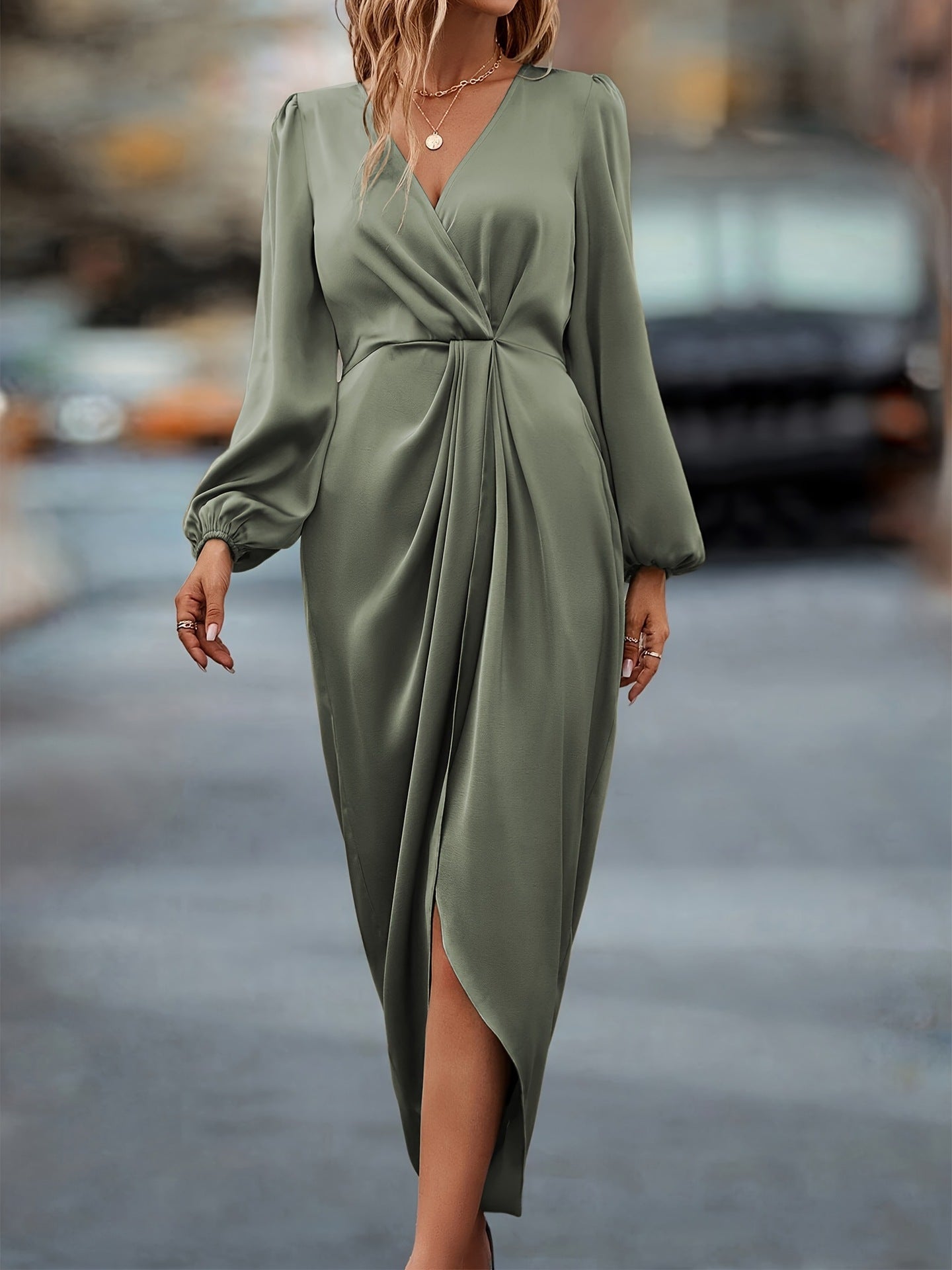 Cross-neck pleated split-ended bubble sleeves irregular long-sleeved dress