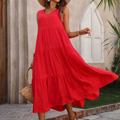 Solid color V-neck layered splicing hem loose dress, cake skirt