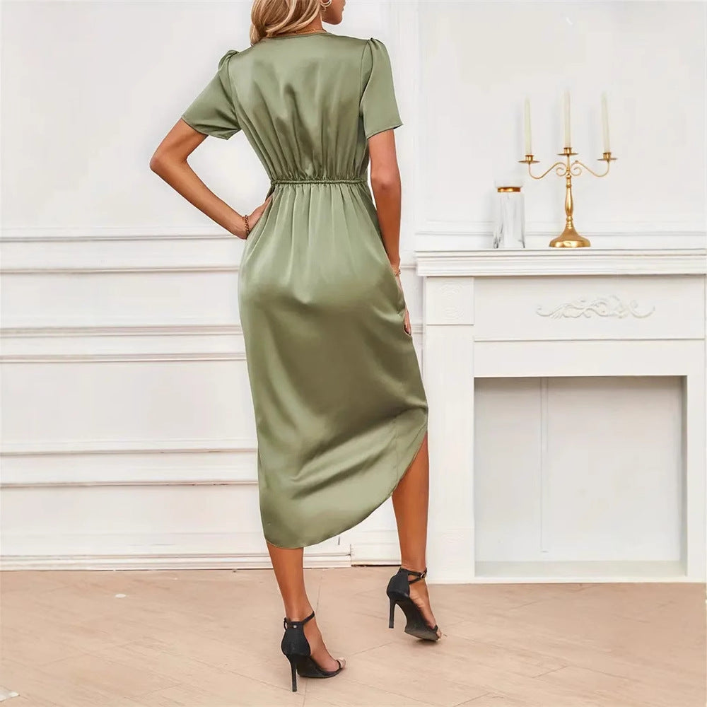 Satin Short Sleeve Wrap Cross Neck Dress Long Irregular Skirt