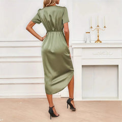 Satin Short Sleeve Wrap Cross Neck Dress Long Irregular Skirt