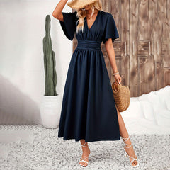 Lotus leaf sleeve split end elastic waist dress solid color long