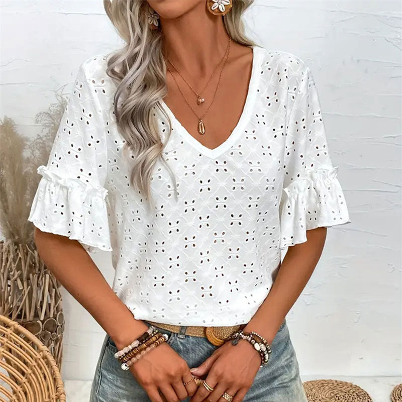 Knitted embroidered hollow ruffle V-neck short-sleeved top