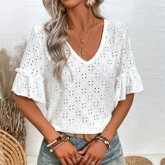 Knitted embroidered hollow ruffle V-neck short-sleeved top