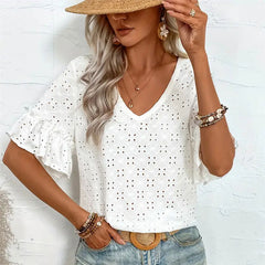 Knitted embroidered hollow ruffle V-neck short-sleeved top