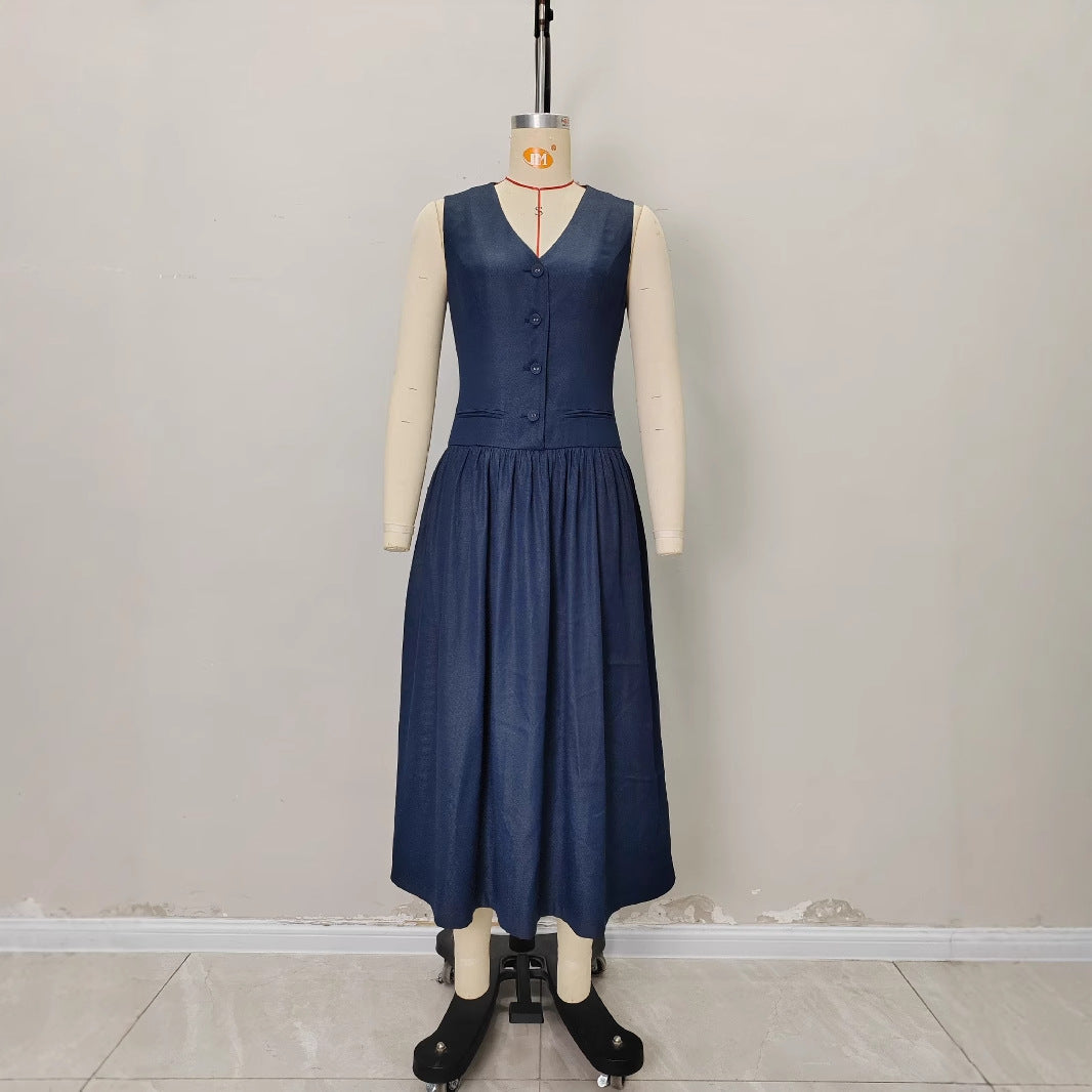 V-neck pocket mid-length dress loose sleeveless dress