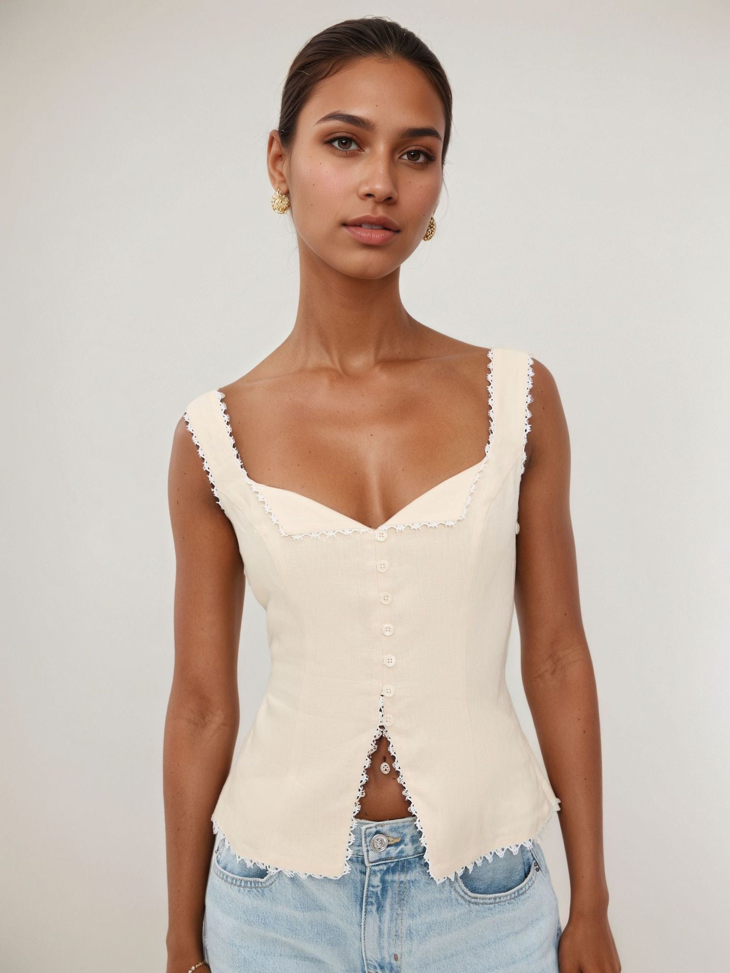 Women's French retro cotton and linen lace splicing fashion breasted suspenders solid color sleeveless vest top summer
