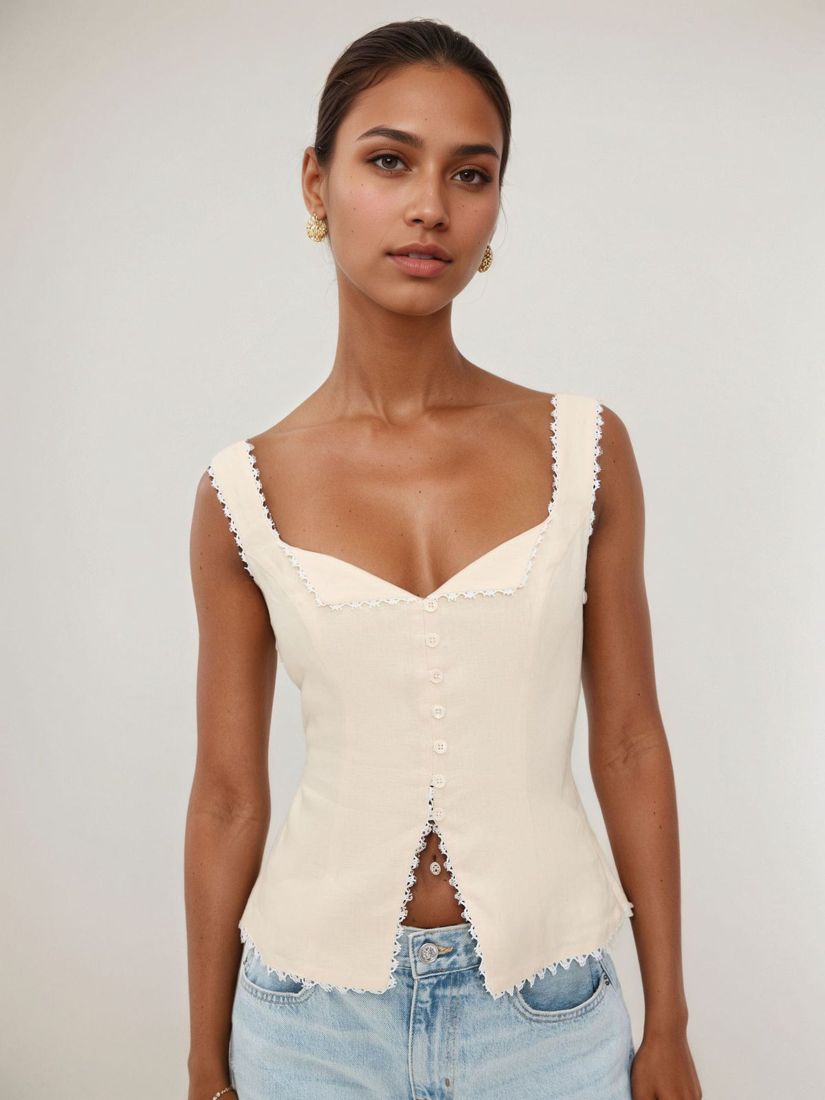 Women's French retro cotton and linen lace splicing fashion breasted suspenders solid color sleeveless vest top summer