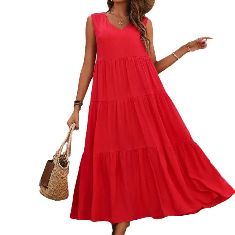 Solid color V-neck layered splicing hem loose dress, cake skirt