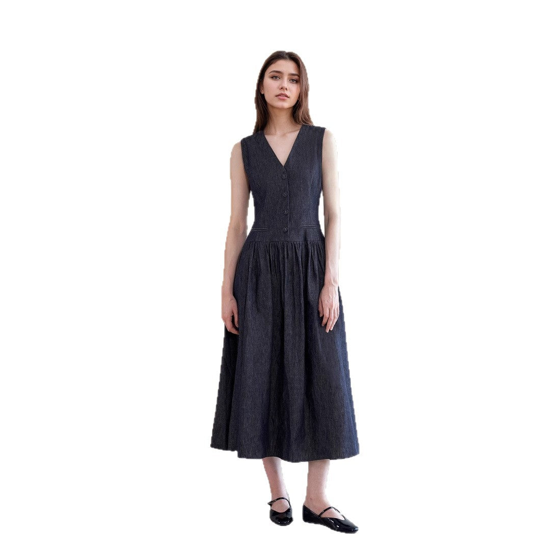 V-neck pocket mid-length dress loose sleeveless dress