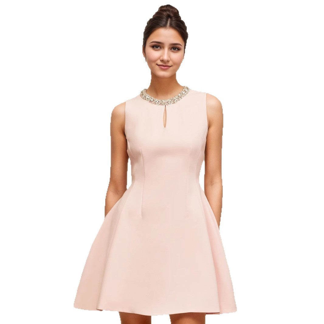 Light pink sleeveless bead dress neckline bright diamond dress