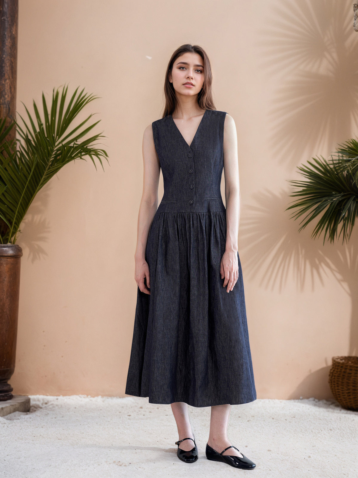 V-neck pocket mid-length dress loose sleeveless dress