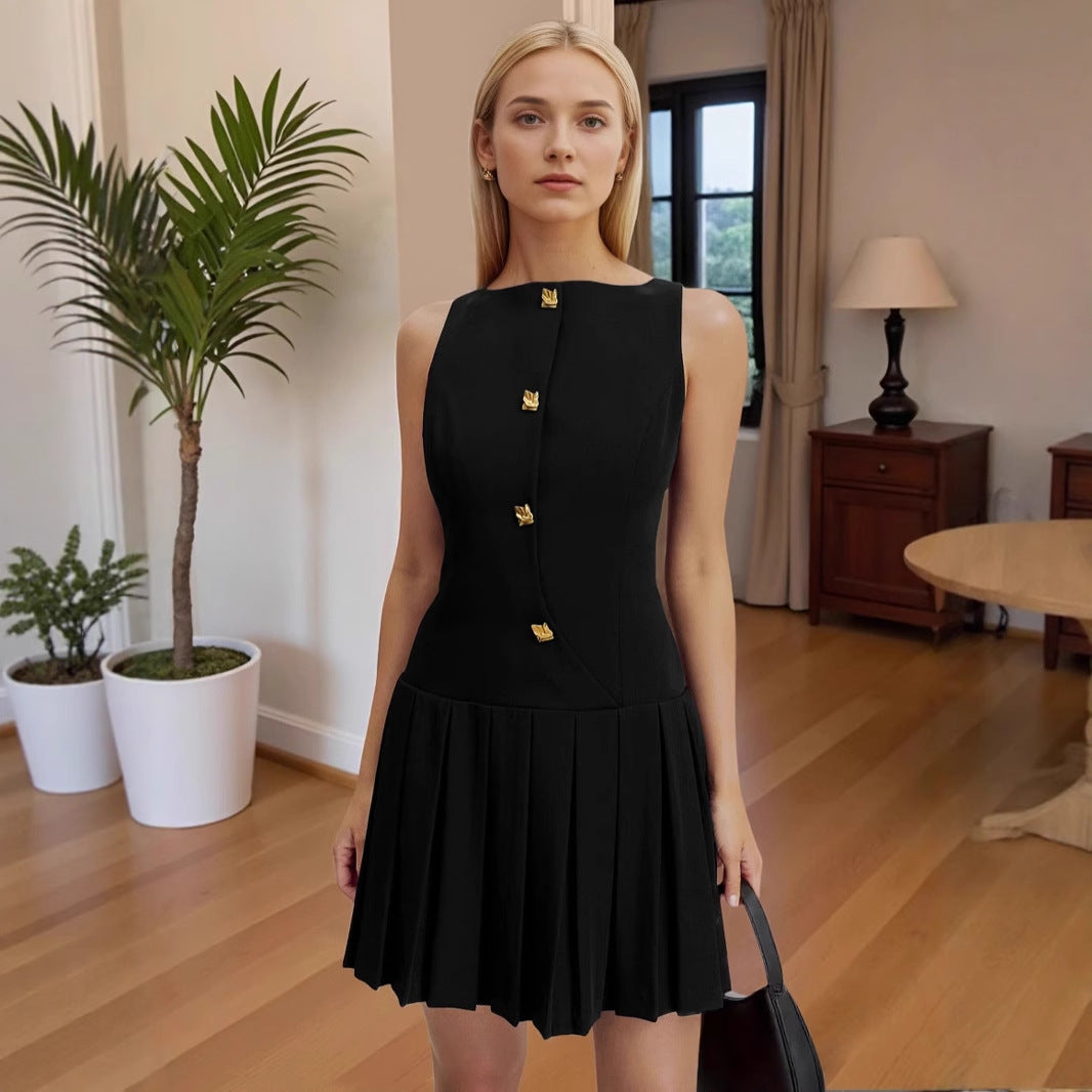 Personalized wide pendulum pleated waist solid color sleeveless short dress