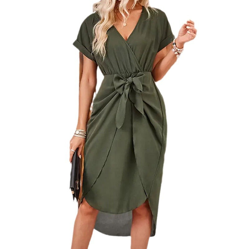 Solid color slit wrap short skirt short sleeve loose tie dress
