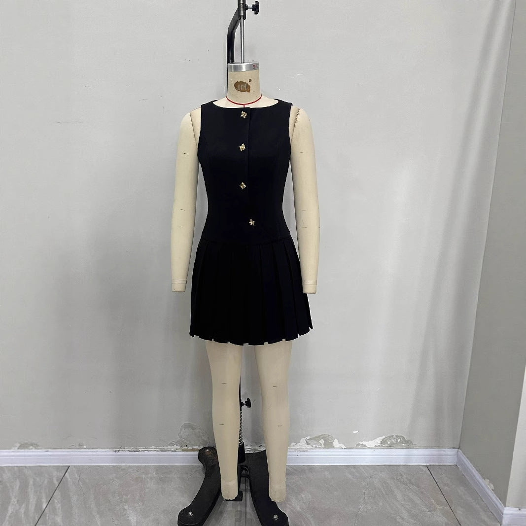 Personalized wide pendulum pleated waist solid color sleeveless short dress