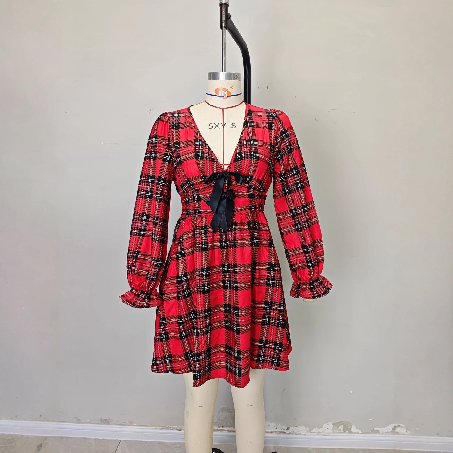 Bow deep V-neck lantern sleeve A-shaped skirt waist plaid dress