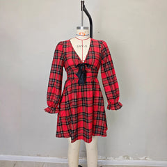 Bow deep V-neck lantern sleeve A-shaped skirt waist plaid dress