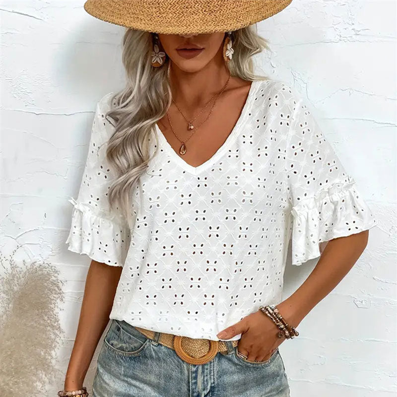 Knitted embroidered hollow ruffle V-neck short-sleeved top