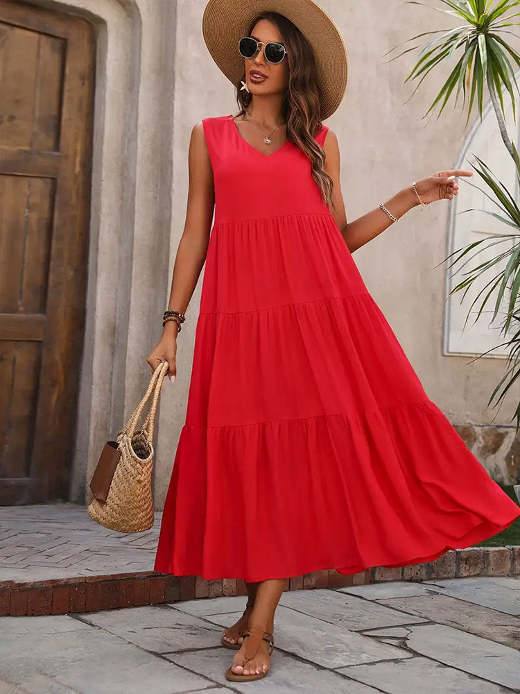 Solid color V-neck layered splicing hem loose dress, cake skirt