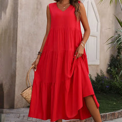 Solid color V-neck layered splicing hem loose dress, cake skirt
