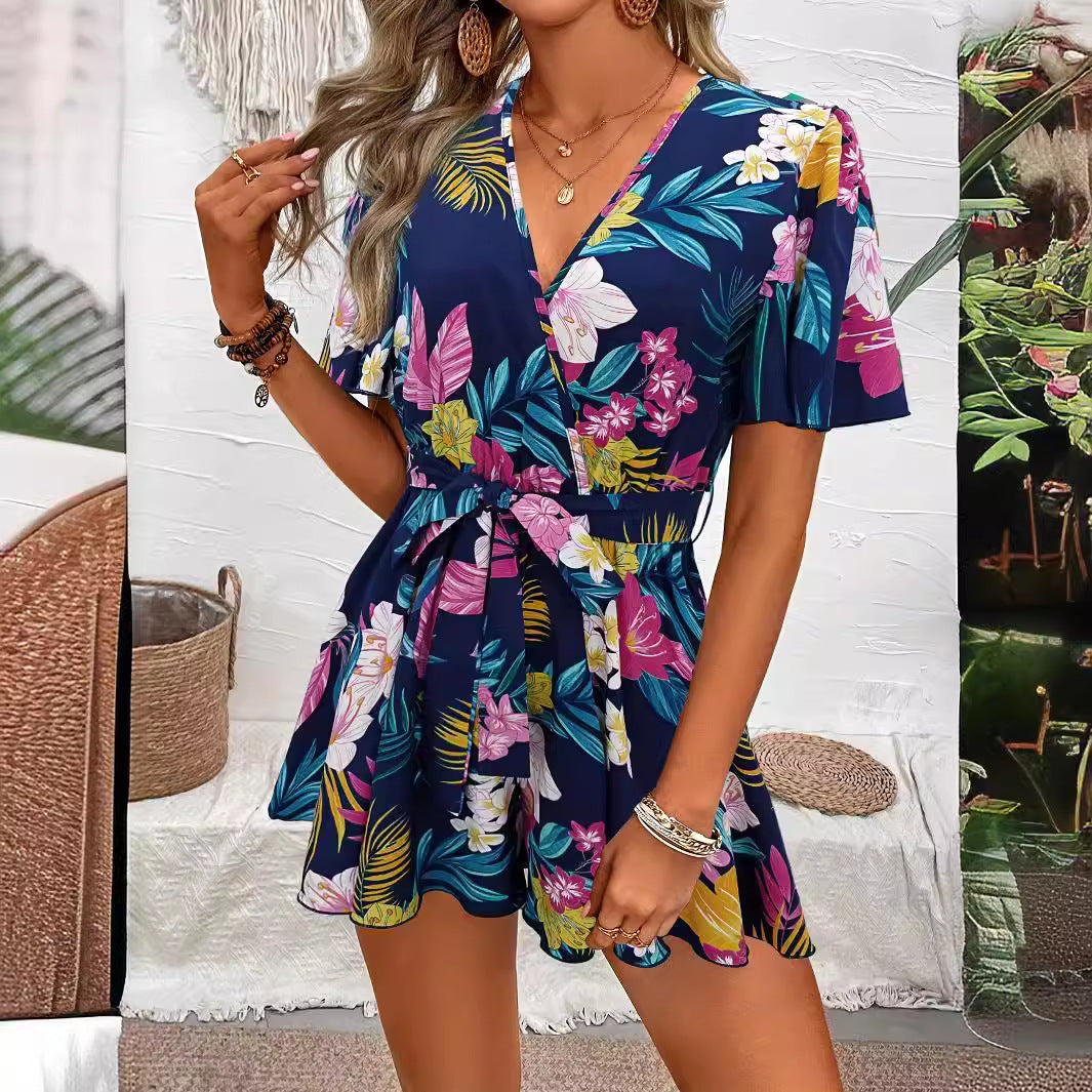 Beach Vacation Lotus Leaf Sleeve Cross Neck Belt Short Culottes Women's Loose Printed Jumpsuit