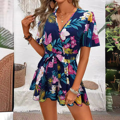 Beach Vacation Lotus Leaf Sleeve Cross Neck Belt Short Culottes Women's Loose Printed Jumpsuit