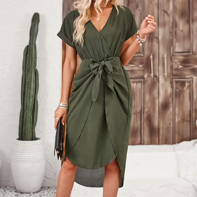 Solid color slit wrap short skirt short sleeve loose tie dress