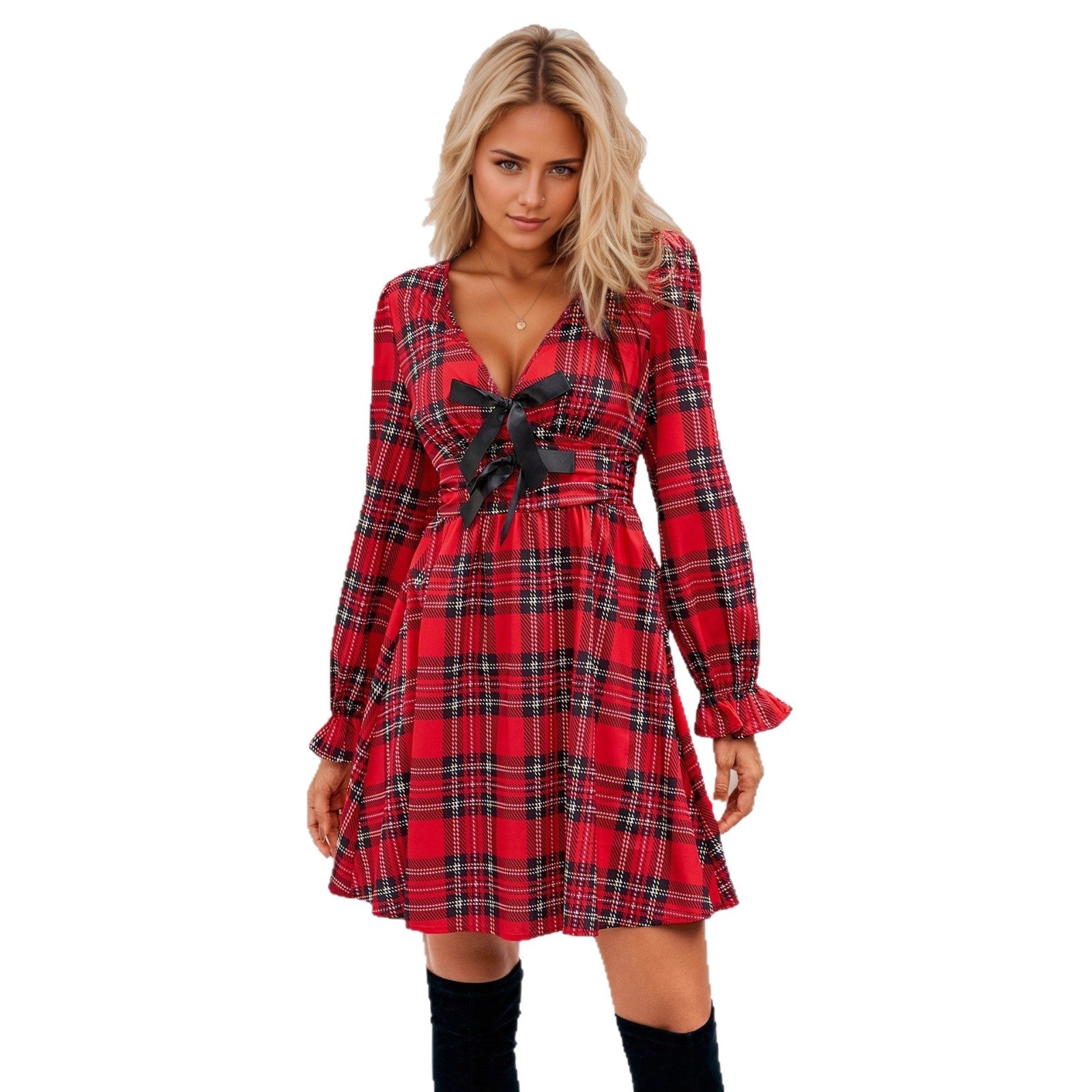 Bow deep V-neck lantern sleeve A-shaped skirt waist plaid dress